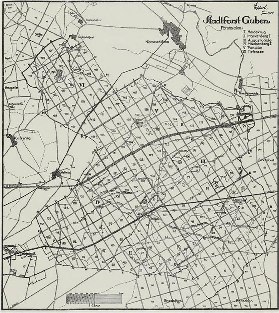 Mapa lasów miejskich Guben z 1934 r.}